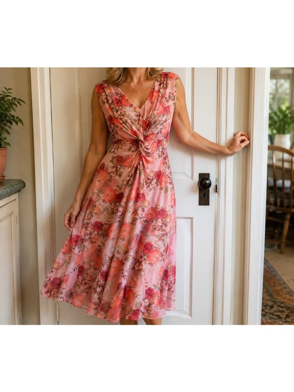 Printed Mesh Midi Pink Dress Small Petite Isaac Mizrahi Roses Lined Twist Front